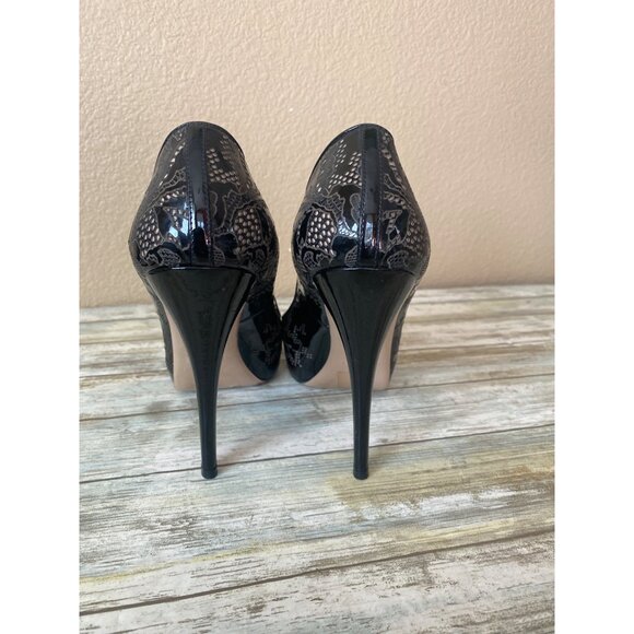 Valentino Garavani Black Patent Lace Peep Toe Pumps Heels Size 37.5 (7.5 US) - Picture 8 of 12